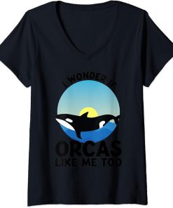 Womens I wonder if Orcas like me too Orcas V-Neck T-Shirt