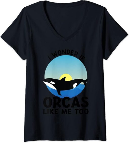 Womens I wonder if Orcas like me too Orcas V-Neck T-Shirt