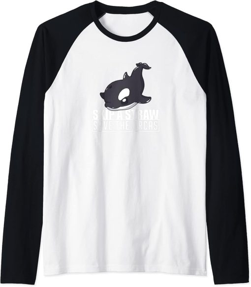 Skip A Straw Save The Orcas Tee Ocean Animal Whale Raglan Baseball Tee